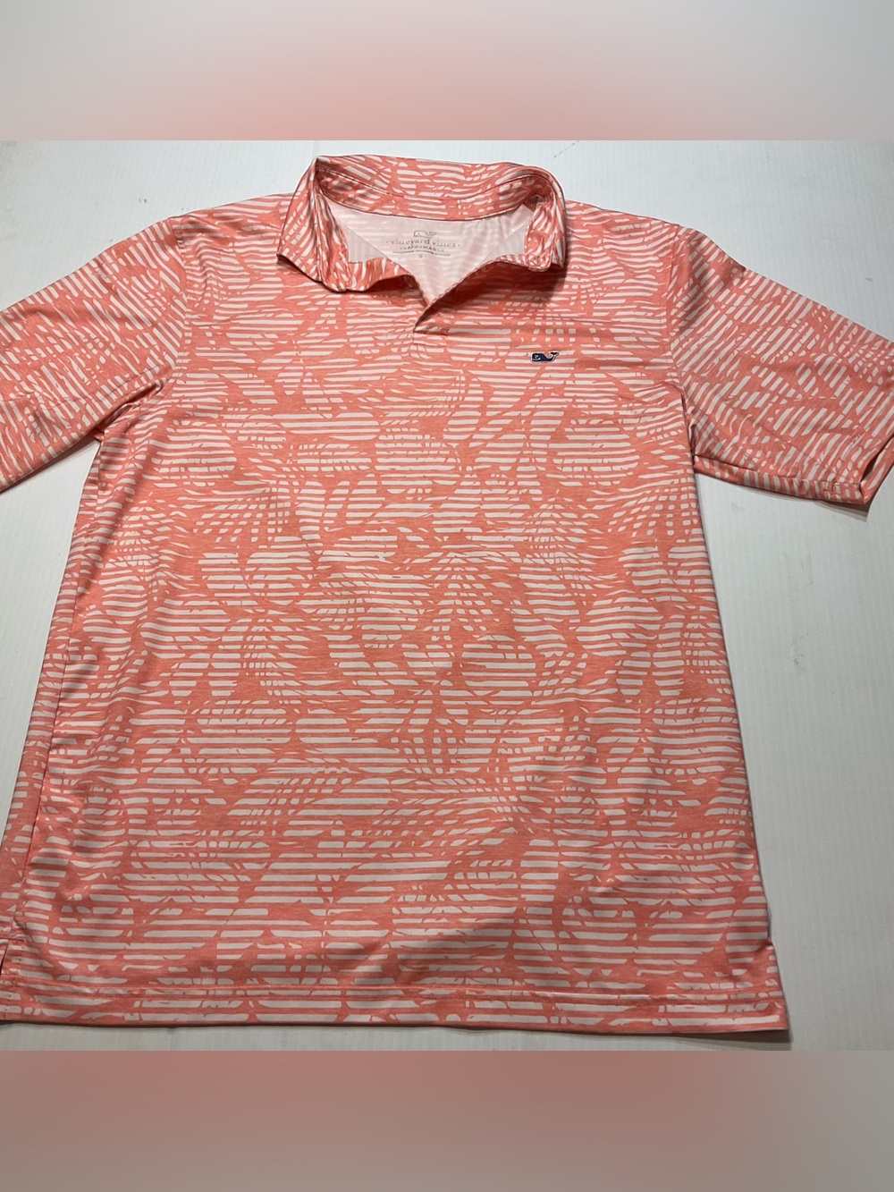 Vineyard Vines Fern Print Striped Performance Polo Salmon Pink/Orange Men Sz S